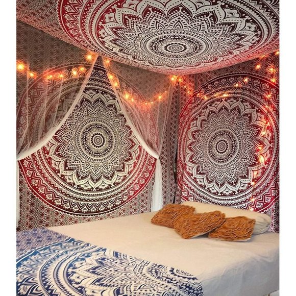 Red Ombre Mandala Boho Bohemian Cotton Wall Hanging Decor Bed Dorm Tapestry - Picture 2 of 9